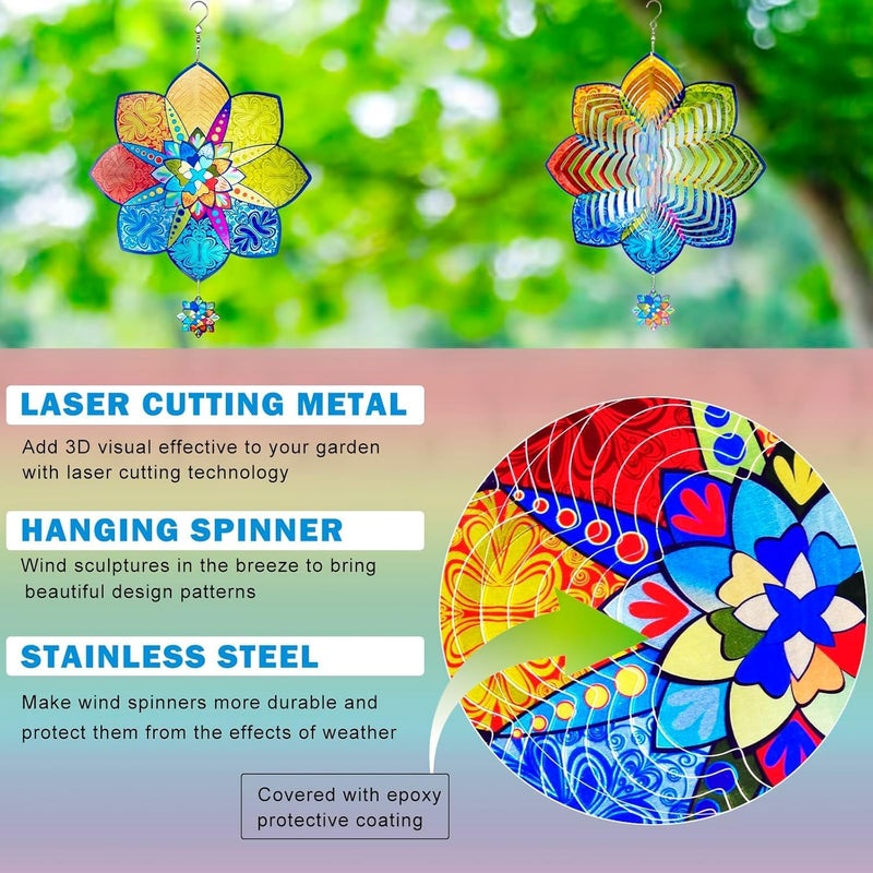 Katinyos Wind Spinners,12 inch Multi Color Mandala with 360° Swivel Hook for Yard and Garden, Bird Wind Catcher, Metal Wind Spinners Outdoor for Lawn Hanging Crafts Decor Kinetic Yard Art Ornament Gifts - Image 3